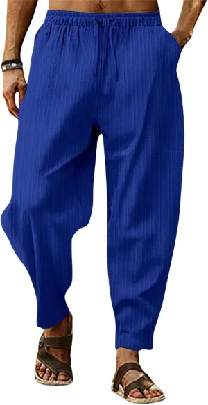 Mens Linen Harem Pants Lightweight Drawstring Elastic Waist Yoga Bagge Pants Loose Fit Summer Beach Pants for Men