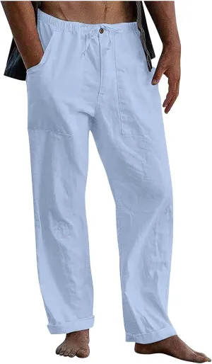 Mens Linen Pants Yoga Beach Loose Fit Casual Summer Elastic Waist Drawstring Wide Leg Baggy Pants Trousers for Men