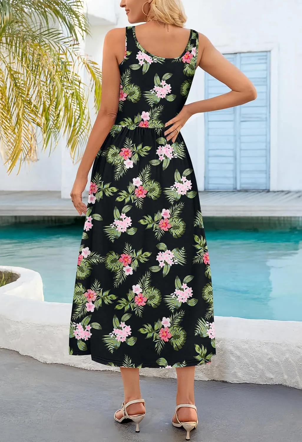 MEROKEETY Women's 2025 Summer Spring Casual Floral Sundress Sleeveless Beach Vacation Flowy Boho Tank Midi Dresses