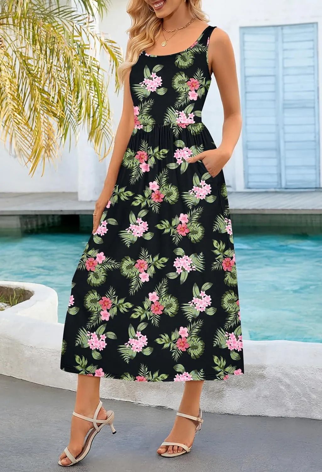MEROKEETY Women's 2025 Summer Spring Casual Floral Sundress Sleeveless Beach Vacation Flowy Boho Tank Midi Dresses
