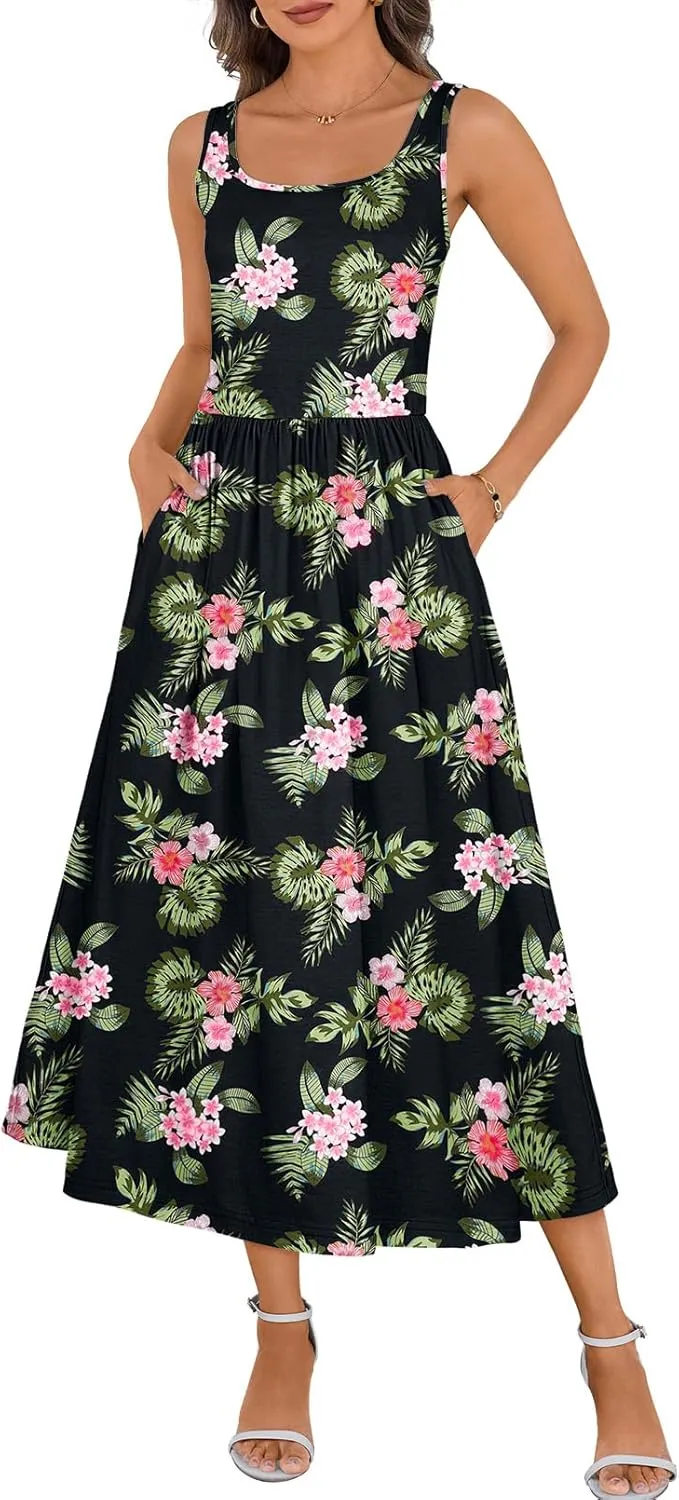 MEROKEETY Women's 2025 Summer Spring Casual Floral Sundress Sleeveless Beach Vacation Flowy Boho Tank Midi Dresses