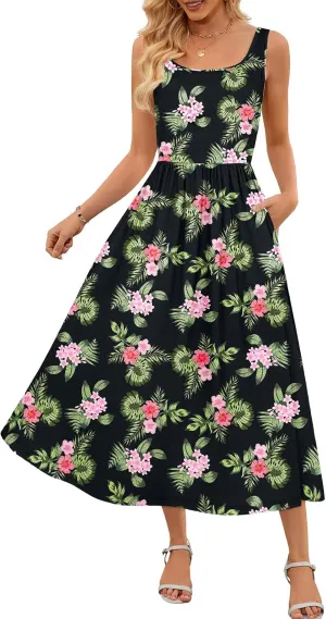 MEROKEETY Women's 2025 Summer Spring Casual Floral Sundress Sleeveless Beach Vacation Flowy Boho Tank Midi Dresses