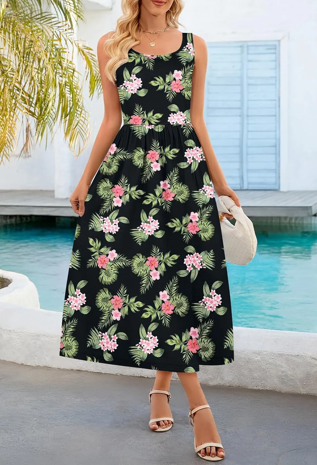 MEROKEETY Women's 2025 Summer Spring Casual Floral Sundress Sleeveless Beach Vacation Flowy Boho Tank Midi Dresses