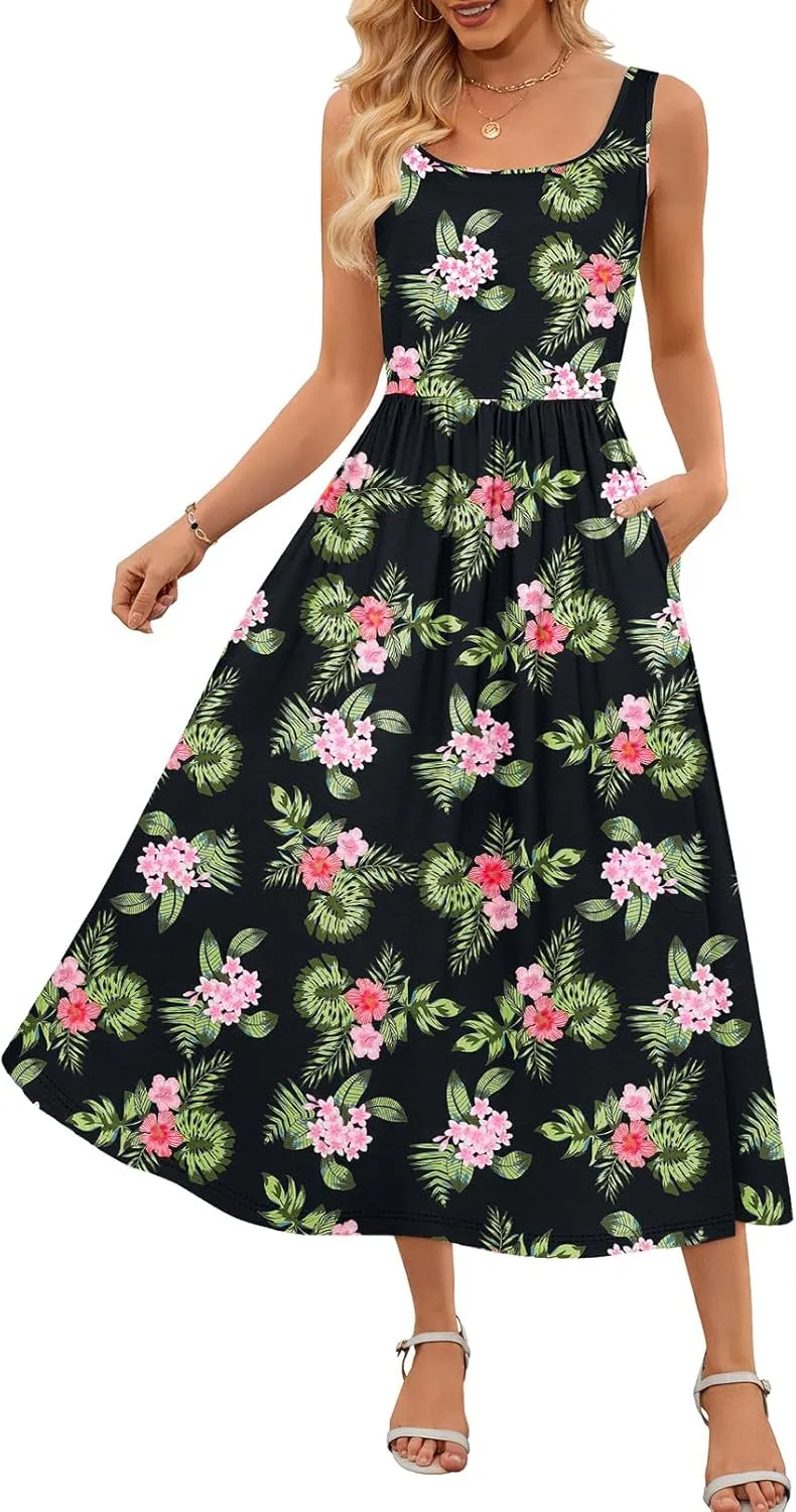 MEROKEETY Women's 2025 Summer Spring Casual Floral Sundress Sleeveless Beach Vacation Flowy Boho Tank Midi Dresses