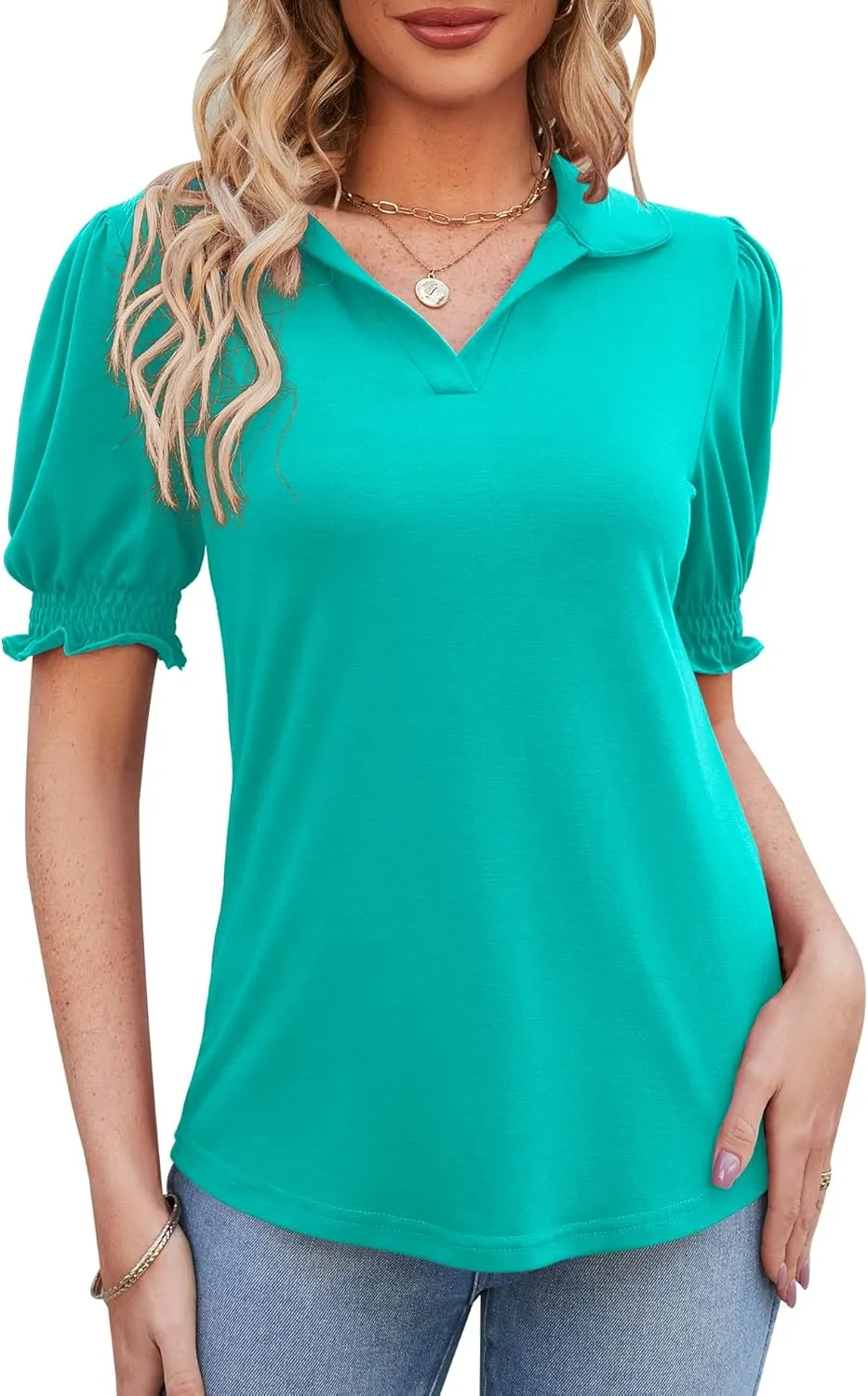 Micoson Womens Short Sleeve Polo T Shirts V Neck Casual Collared Tops Puff Sleeve Work Tunic Blouses