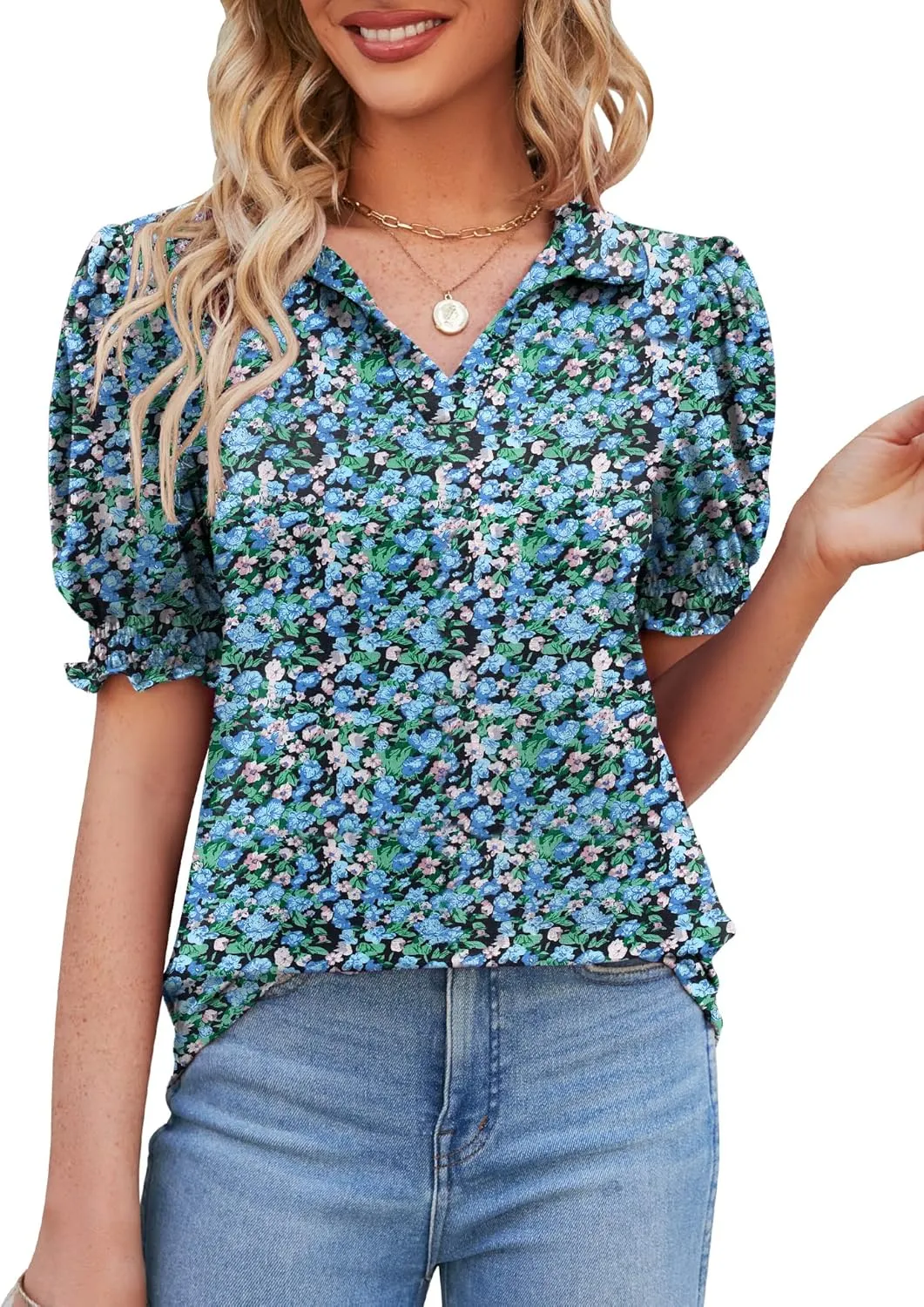Micoson Womens Short Sleeve Polo T Shirts V Neck Casual Collared Tops Puff Sleeve Work Tunic Blouses
