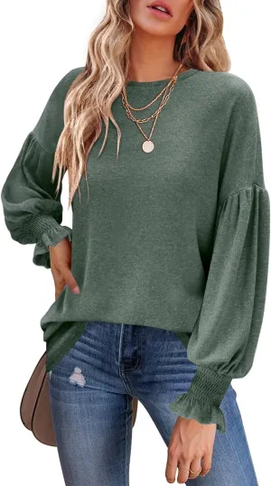 MIHOLL Womens Long Sleeve Tops Crew Neck Ruffle Lantern Sleeve Casual Loose Blouse T Shirts