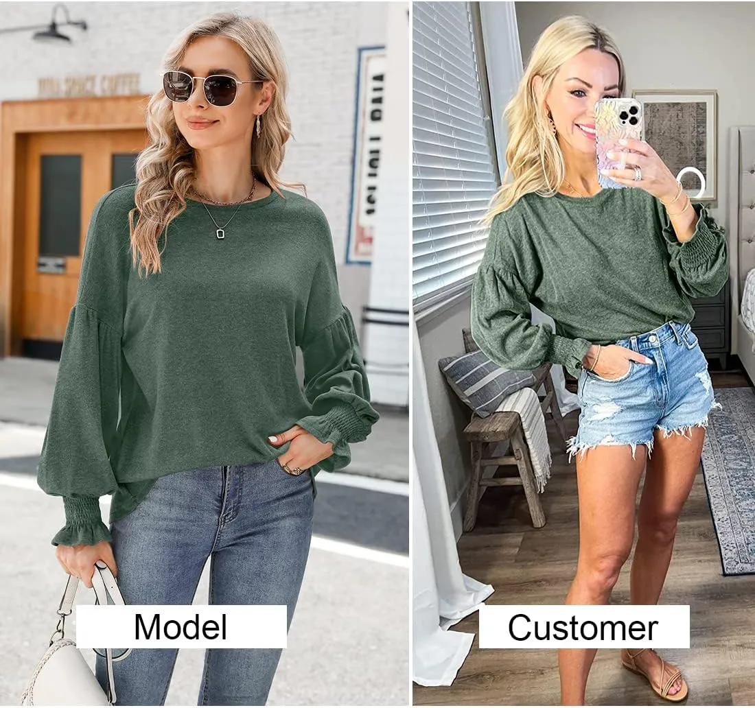 MIHOLL Womens Long Sleeve Tops Crew Neck Ruffle Lantern Sleeve Casual Loose Blouse T Shirts
