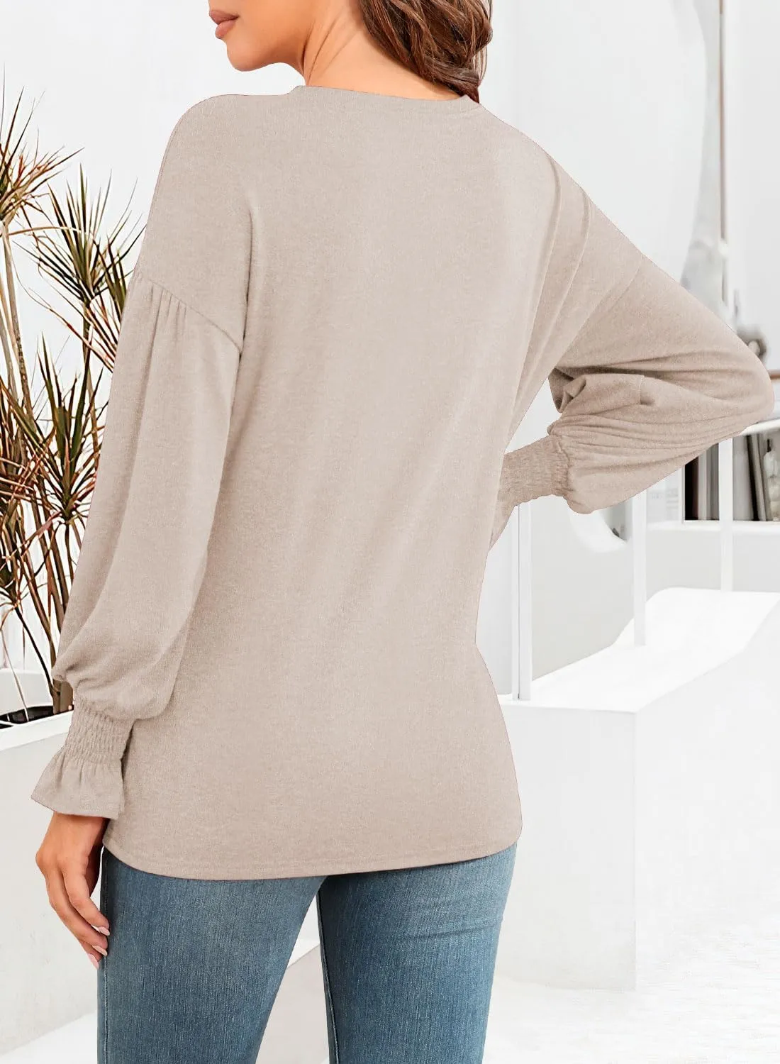 MIHOLL Womens Long Sleeve Tops Crew Neck Ruffle Lantern Sleeve Casual Loose Blouse T Shirts