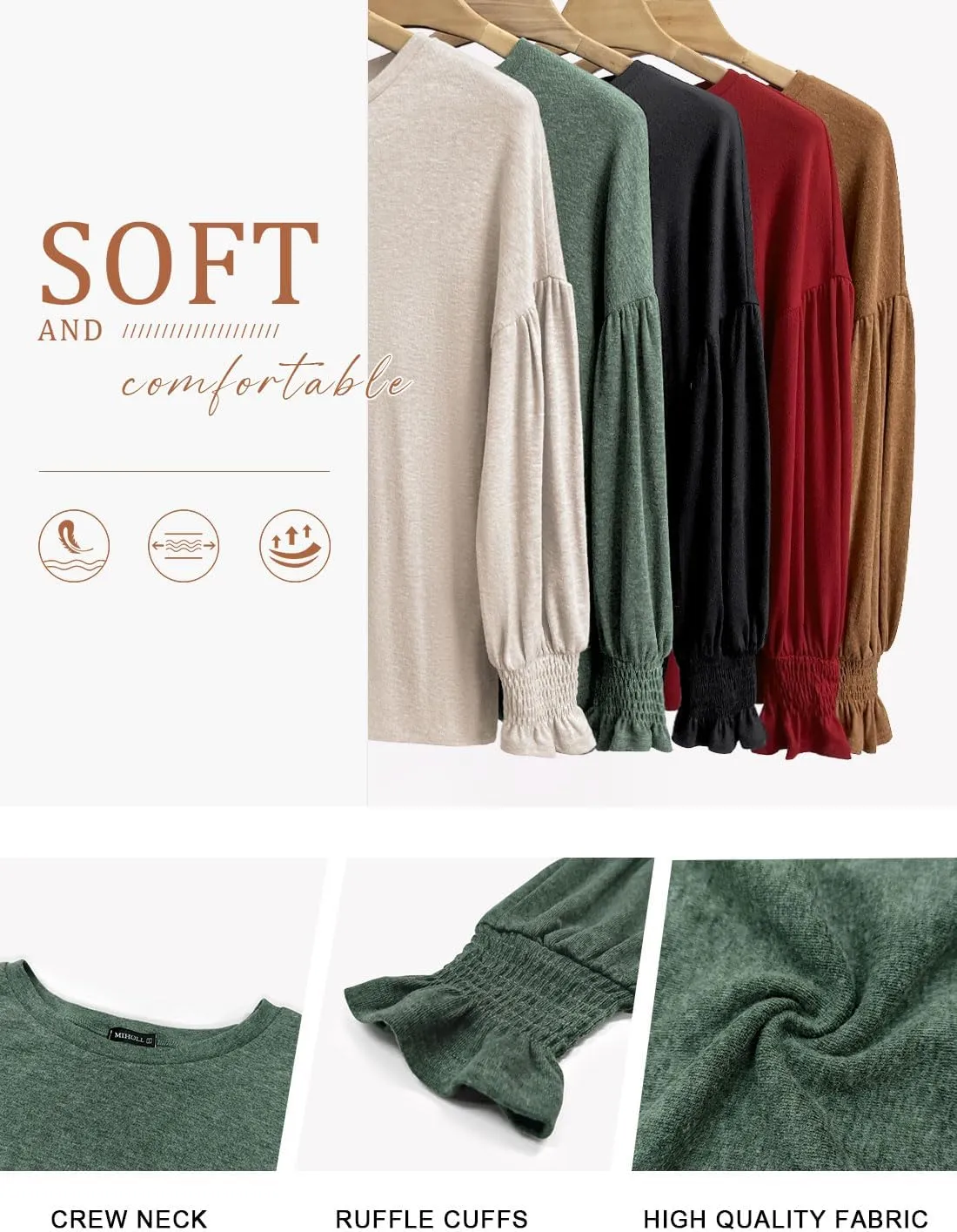 MIHOLL Womens Long Sleeve Tops Crew Neck Ruffle Lantern Sleeve Casual Loose Blouse T Shirts
