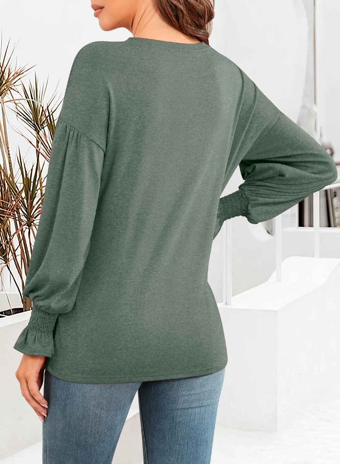 MIHOLL Womens Long Sleeve Tops Crew Neck Ruffle Lantern Sleeve Casual Loose Blouse T Shirts