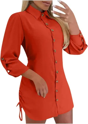 Oplxuo Women's Long Sleeve Button Down Shirt Dress Both Sides Drawstring Long Blouse Tunic Tops Collared Short Mini Dresses