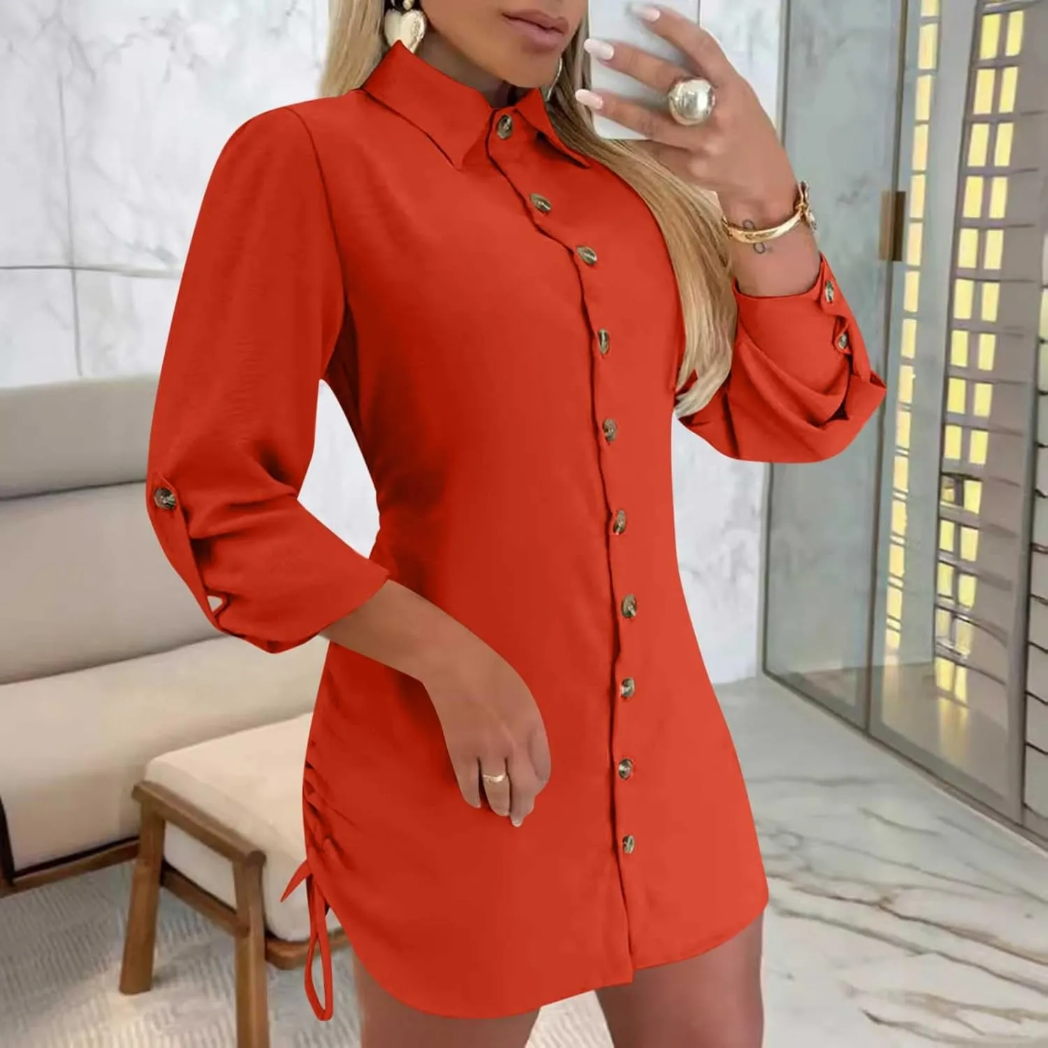 Oplxuo Women's Long Sleeve Button Down Shirt Dress Both Sides Drawstring Long Blouse Tunic Tops Collared Short Mini Dresses