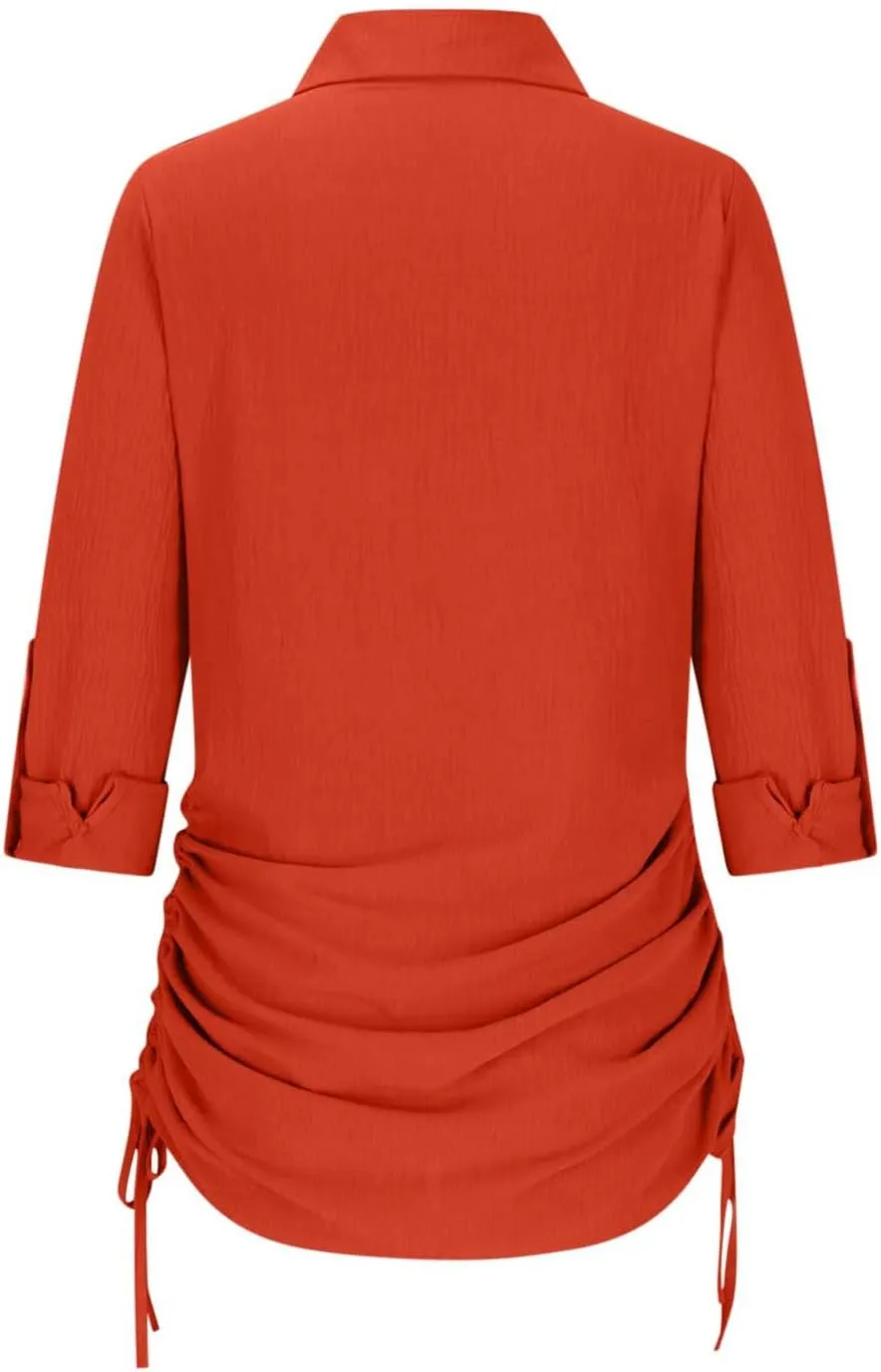 Oplxuo Women's Long Sleeve Button Down Shirt Dress Both Sides Drawstring Long Blouse Tunic Tops Collared Short Mini Dresses