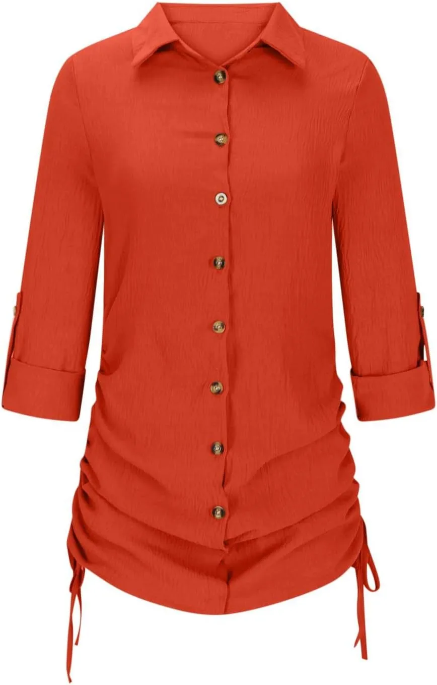 Oplxuo Women's Long Sleeve Button Down Shirt Dress Both Sides Drawstring Long Blouse Tunic Tops Collared Short Mini Dresses