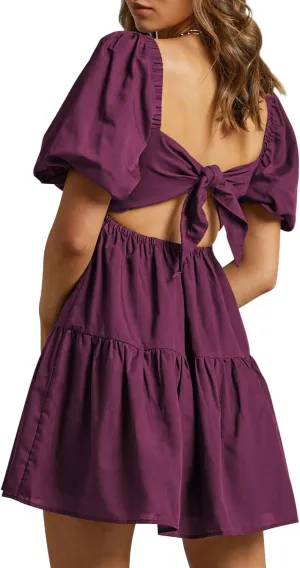 OWNGIGI Women's Summer Dress Square Neck Puffy Short Sleeve Loose Tie Back Casual A-Line Mini Dresses