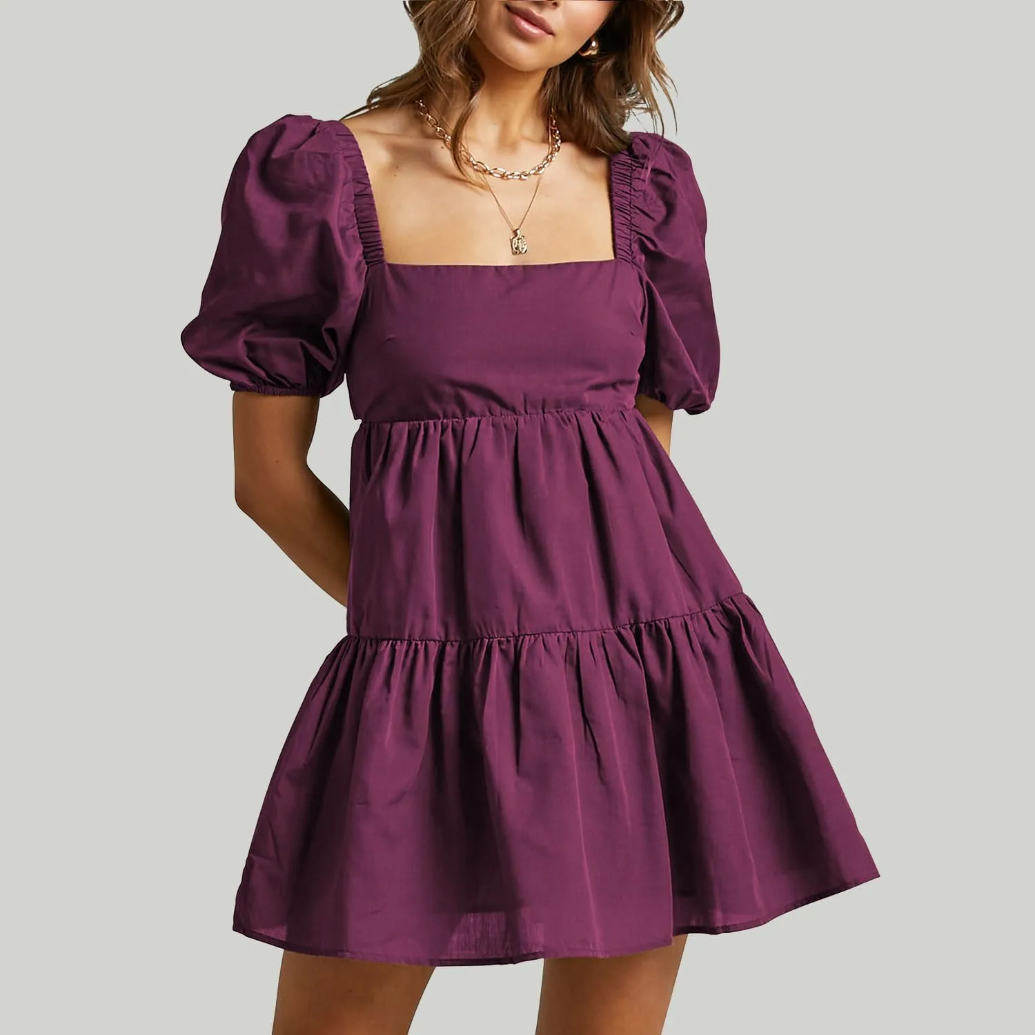 OWNGIGI Women's Summer Dress Square Neck Puffy Short Sleeve Loose Tie Back Casual A-Line Mini Dresses