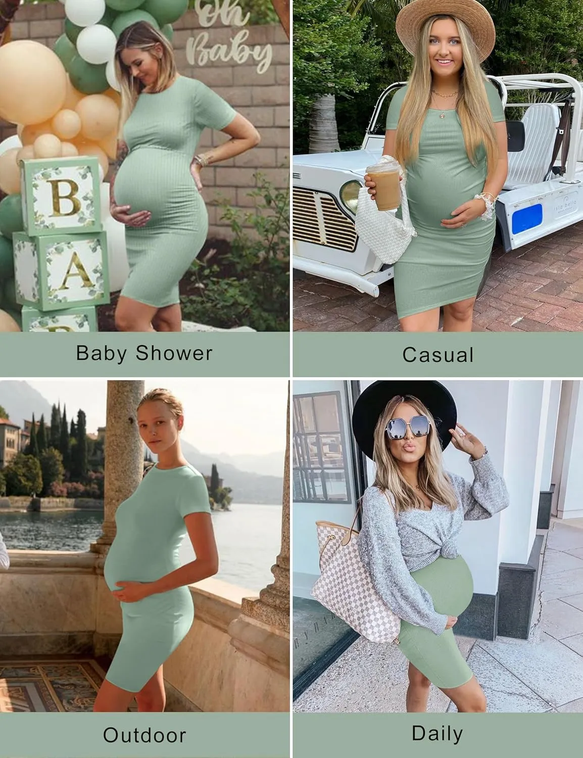 Peauty Maternity Ribbed Crew Neck Bodycon Dress Short Sleeve Baby Shower Dress Casual Lounge Pregnancy Dress
