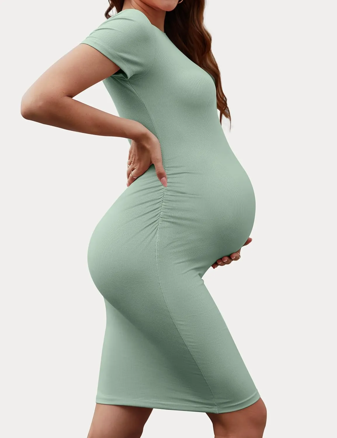 Peauty Maternity Ribbed Crew Neck Bodycon Dress Short Sleeve Baby Shower Dress Casual Lounge Pregnancy Dress