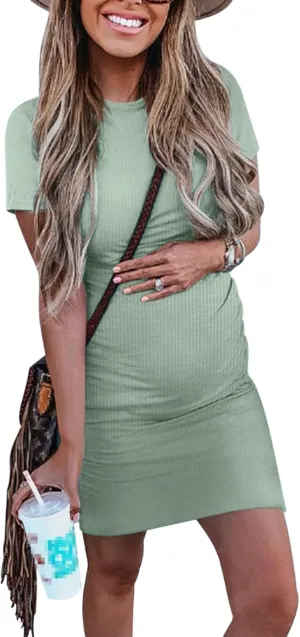 Peauty Maternity Ribbed Crew Neck Bodycon Dress Short Sleeve Baby Shower Dress Casual Lounge Pregnancy Dress