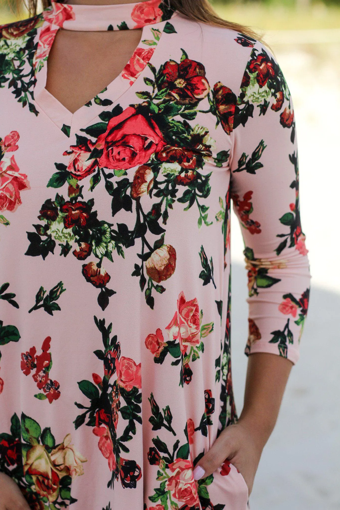 Pink Floral Mock Neck Short Dress
