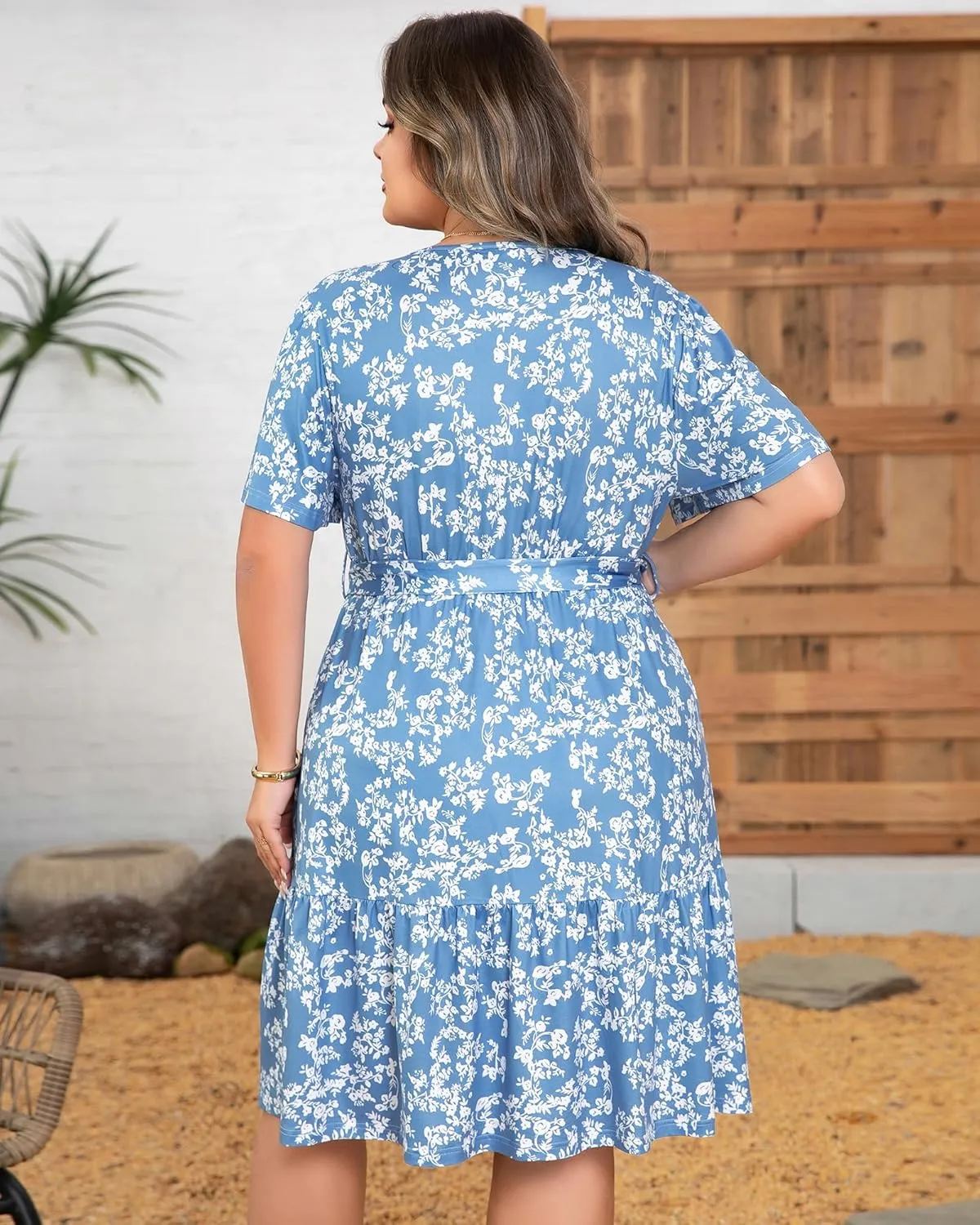 Plus Size Dresses for Curvy Women, Floral Sleeves Tiered Layers Casual Dresses,Summer Mini Dress with Empire Waist and Pocket