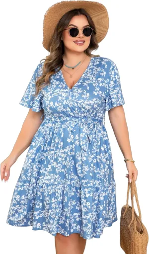 Plus Size Dresses for Curvy Women, Floral Sleeves Tiered Layers Casual Dresses,Summer Mini Dress with Empire Waist and Pocket