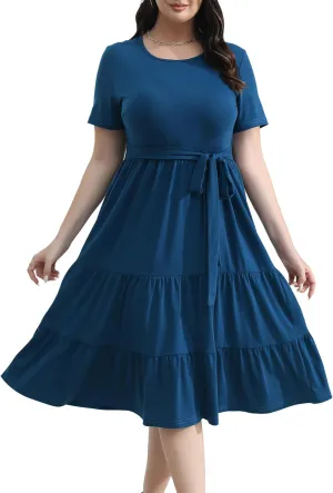 Plus Size Elegant Floral Dresses for Women 2025 Midi Tiered Flowy Belted Modest Wedding Guest Dress with Pockets