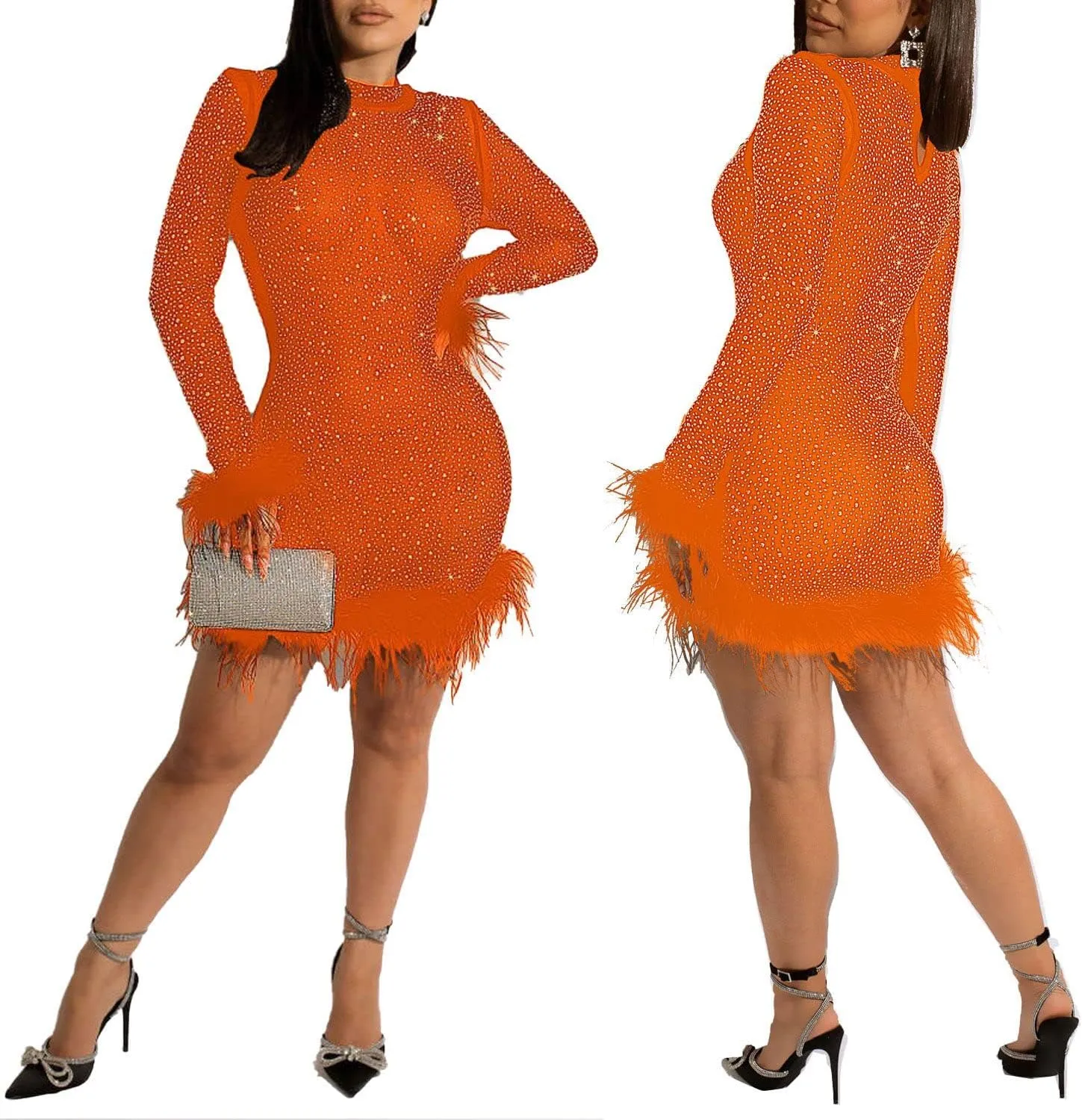 PORRCEY Women's Sexy Hot Drilling Craft Rhinestone Dress Bodycon Party Club Night Out Dresses Clubwear