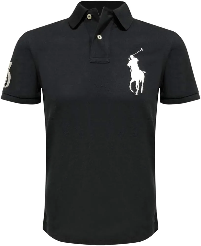 Ralph Lauren Mens Big Pony Custom Slim Fit Mesh Shirt (Large, Black/White Pony)