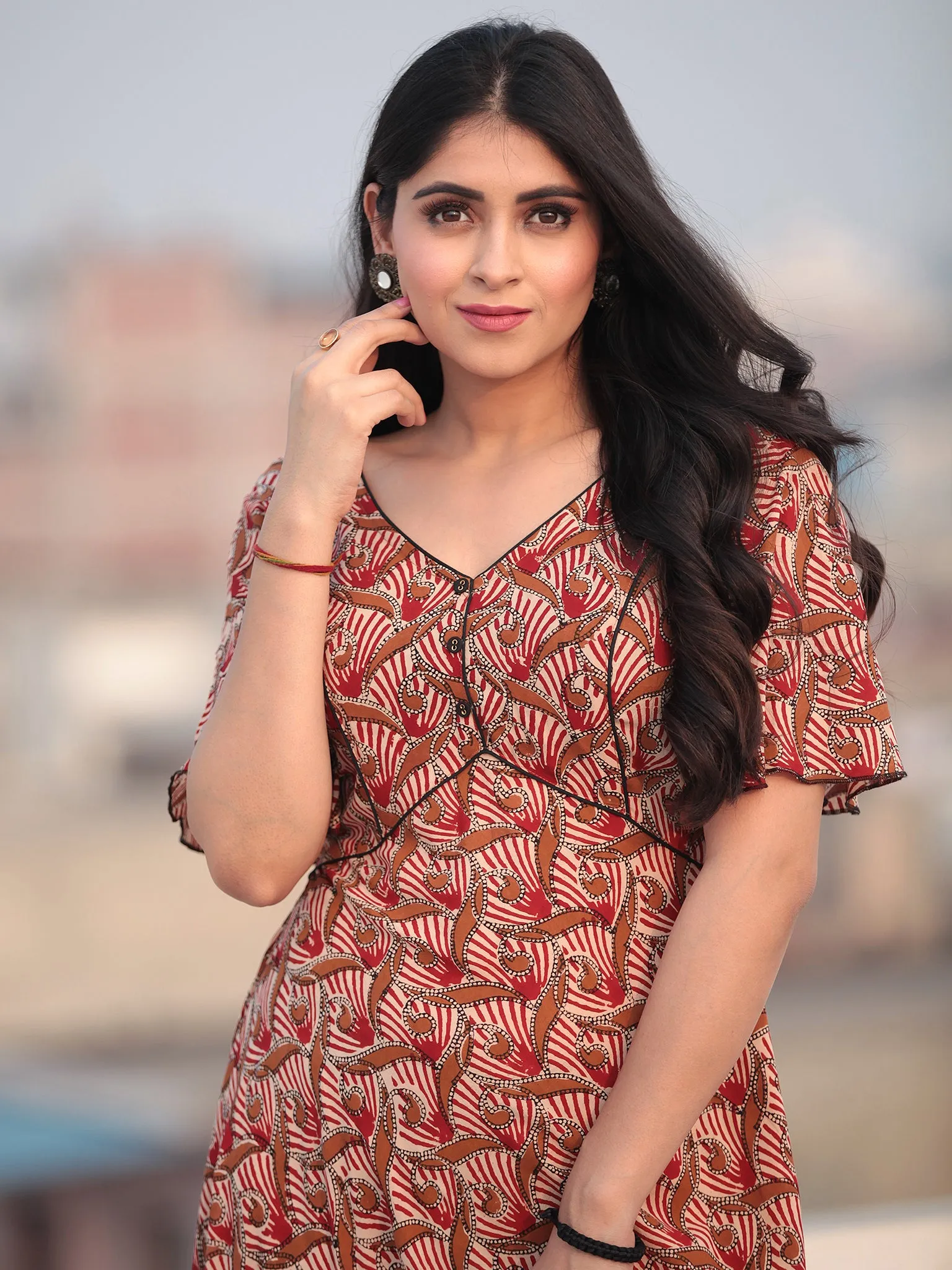 Red Beige Hand Block Printed V Back Ruffle Sleeves Cotton Long Dress D462F2132
