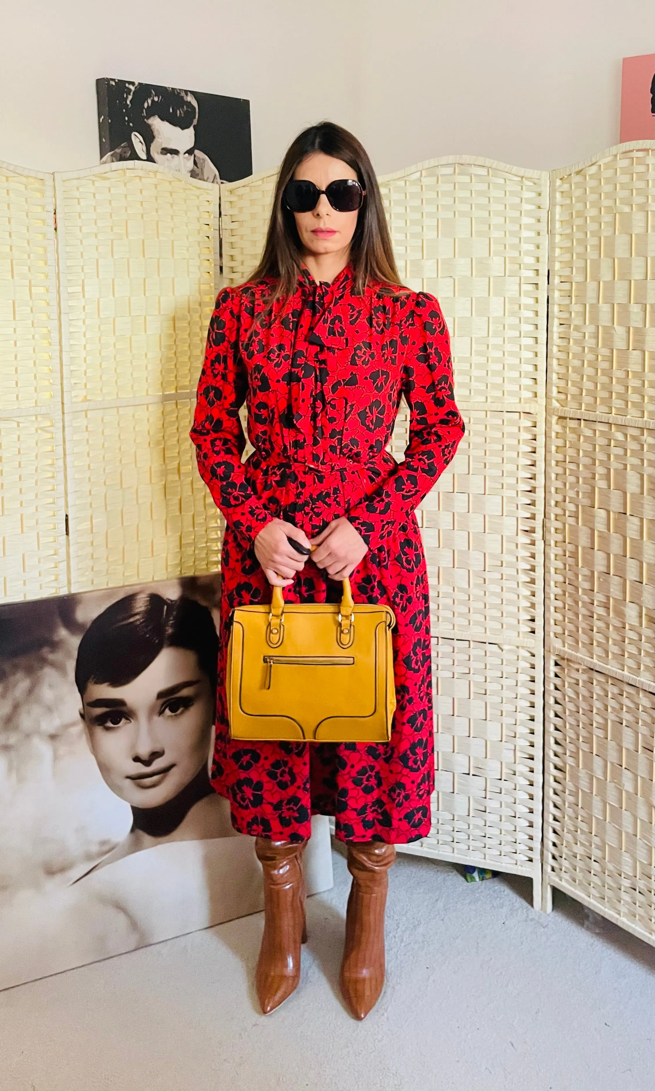 RENT Vintage High Neck Red Print Dress