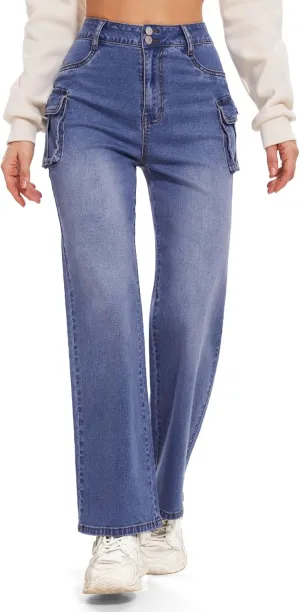 SEASUM Women's High Waisted Jeans Stretch Raw Hem Straight Leg Denim Pants Cargo Jeans with Pockets