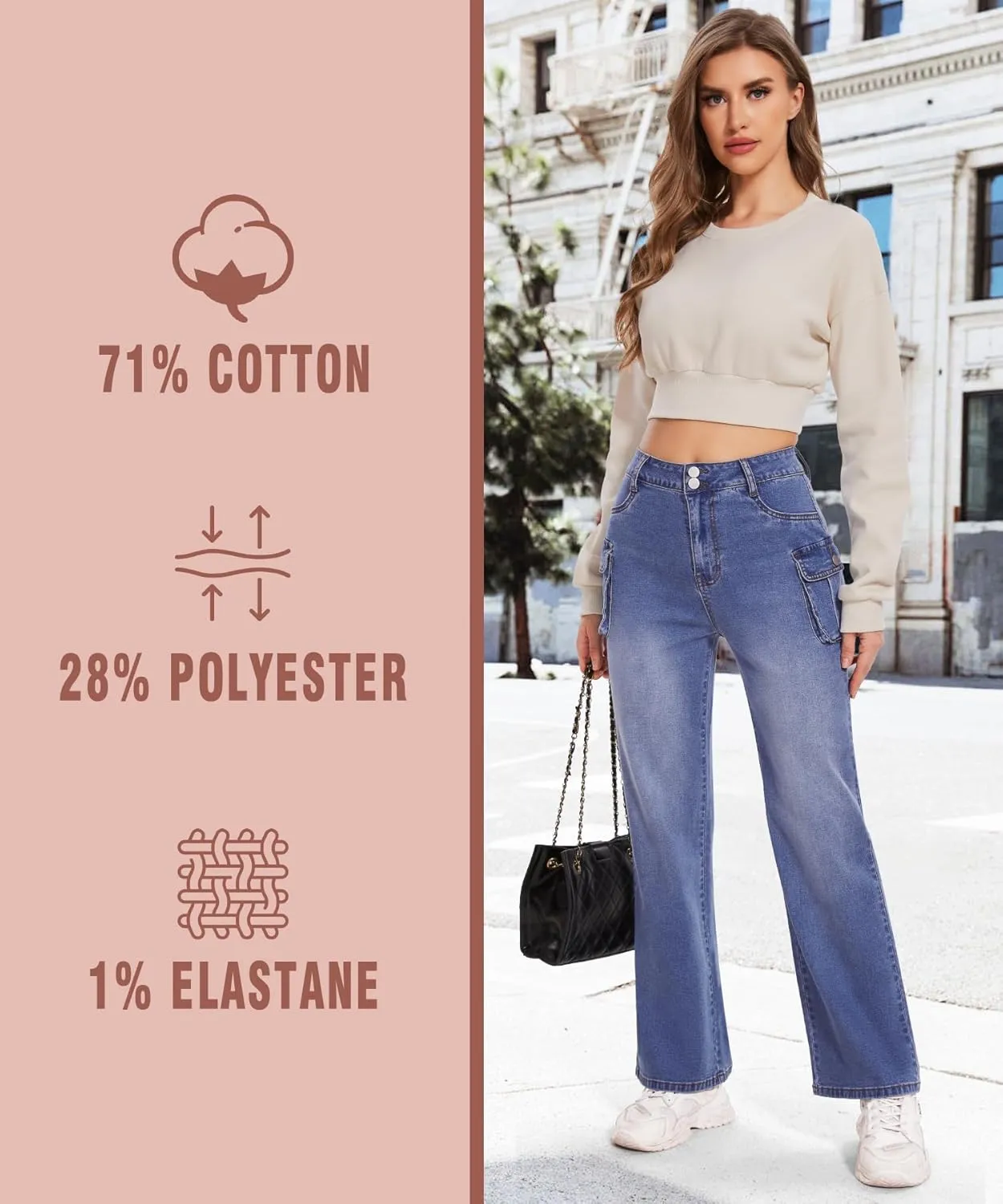 SEASUM Women's High Waisted Jeans Stretch Raw Hem Straight Leg Denim Pants Cargo Jeans with Pockets