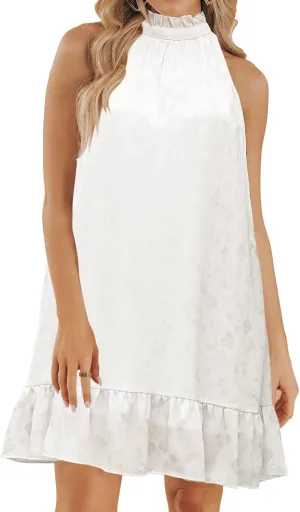 SENFURE Womens Summer Dresses Casual Halter Neck Sleeveless Flowy Mini Babydoll Tiered Floral Printed A Line Beach Sundress White