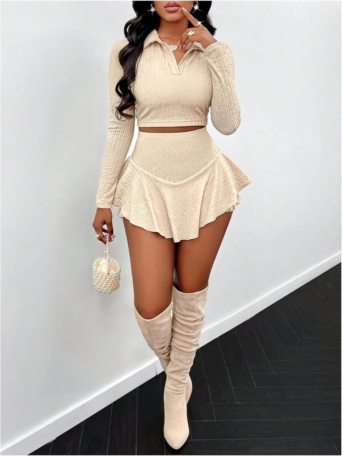 SHENHE Women's 2 Piece Mini Skirt Set V Neck Long Sleeve Collared Crop Top Ruffle Flowy Skirt