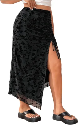 SHENHE Women's Plus Size Floral High Waist Slit Skirt Ruched Drawstring Asymmetrical Boho Long Skirt