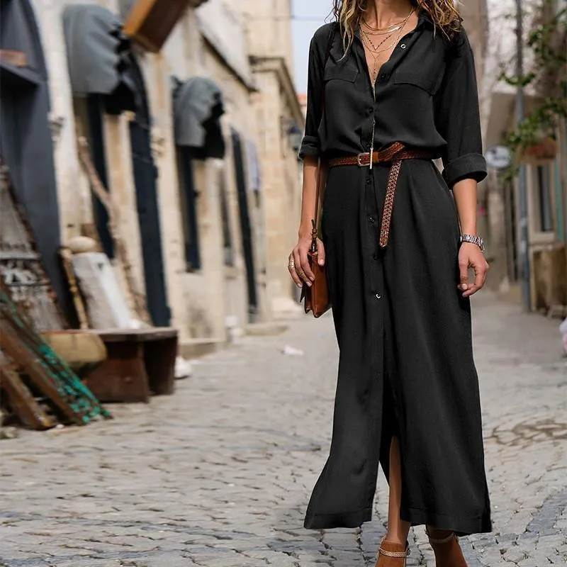 Solid Color Long Sleeve Button Belted Shirt Dress