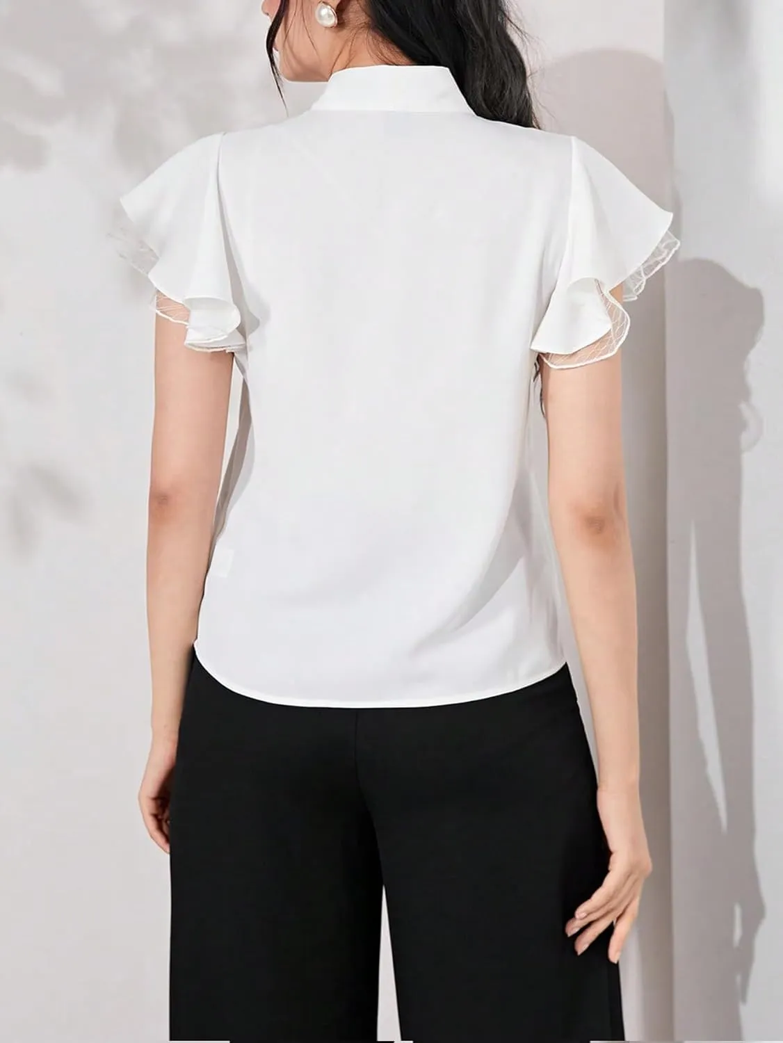 SOLY HUX Women's Bow Tie Neck Blouse Ruffle Cap Sleeve Elegant Work Office Shirt Tops