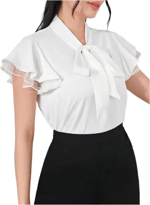 SOLY HUX Women's Bow Tie Neck Blouse Ruffle Cap Sleeve Elegant Work Office Shirt Tops
