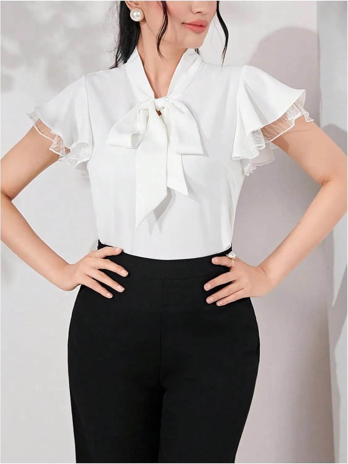 SOLY HUX Women's Bow Tie Neck Blouse Ruffle Cap Sleeve Elegant Work Office Shirt Tops