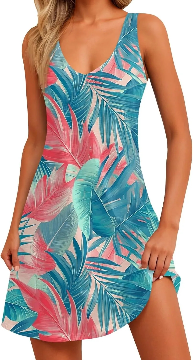 Summer Dresses for Women V Neck Beach Swimsuit Coverup 2025 Sleeveless Dress with Pocket Printed Vacation Sundress