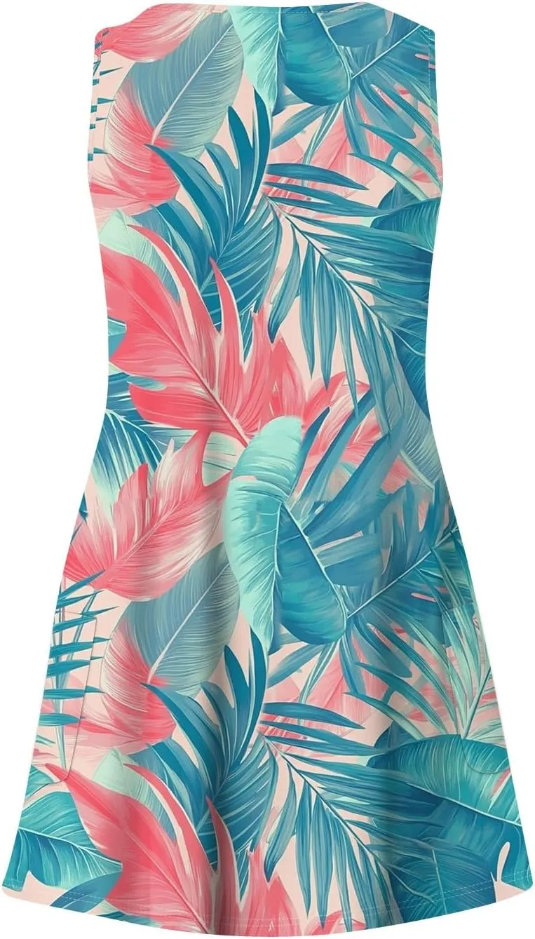 Summer Dresses for Women V Neck Beach Swimsuit Coverup 2025 Sleeveless Dress with Pocket Printed Vacation Sundress