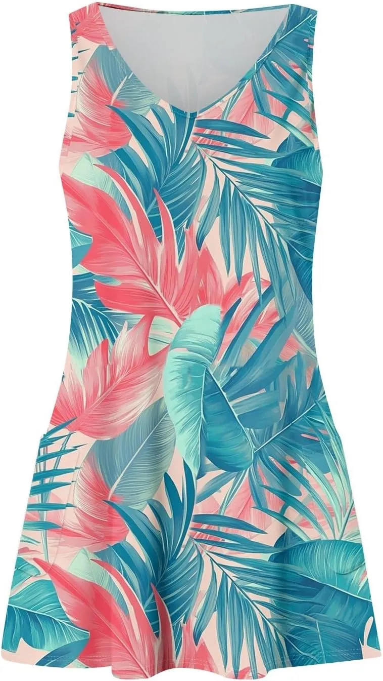 Summer Dresses for Women V Neck Beach Swimsuit Coverup 2025 Sleeveless Dress with Pocket Printed Vacation Sundress