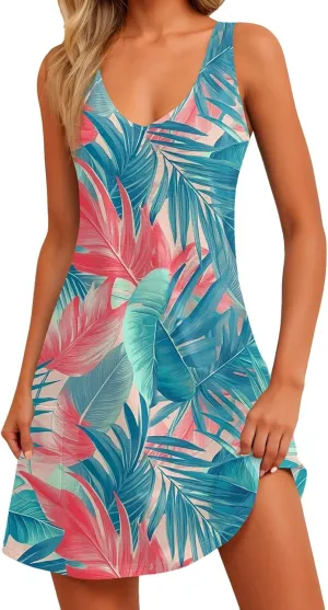 Summer Dresses for Women V Neck Beach Swimsuit Coverup 2025 Sleeveless Dress with Pocket Printed Vacation Sundress