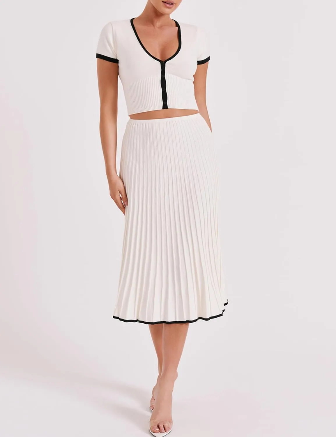 Tanming Women's Two Piece Skirt Set Casual Short Sleeve Crop Top Ribbed Knit Midi Pleated Skirt