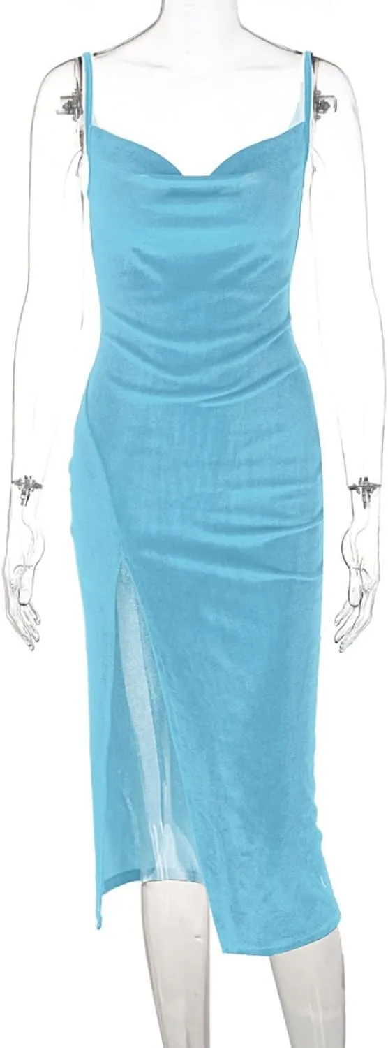 TICBRY Women's Sexy Velvet Spaghetti Straps Drawstring Bodycon Party Club Dress