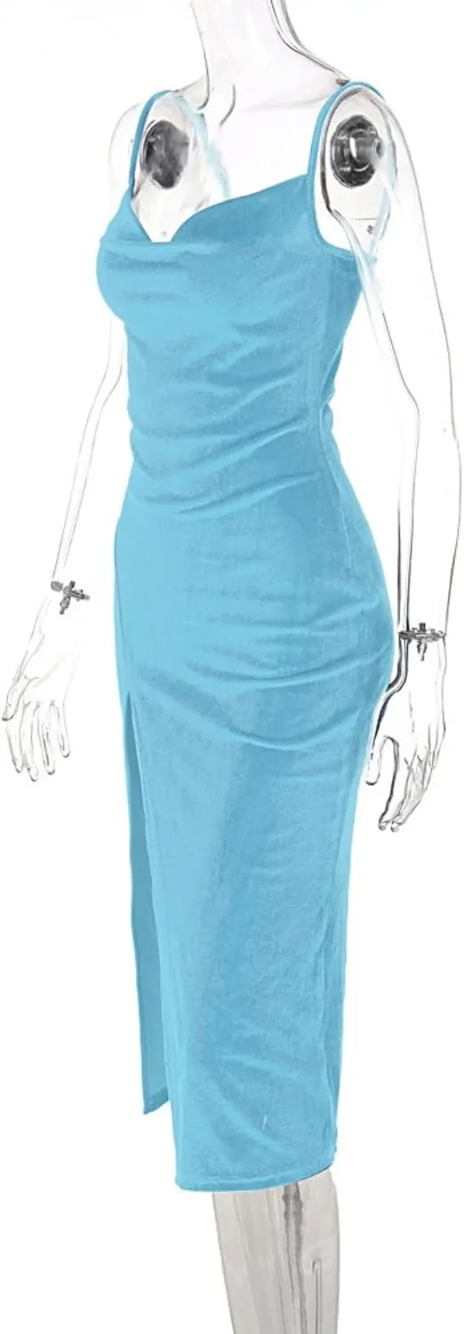 TICBRY Women's Sexy Velvet Spaghetti Straps Drawstring Bodycon Party Club Dress