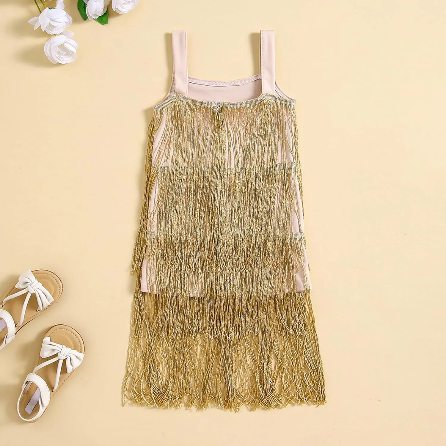 Toddler Kids Girls Sleeveless Sequin Fringe Dress Zip Back Little Girls Tasseled Sparkling Party Latin Dance Dress