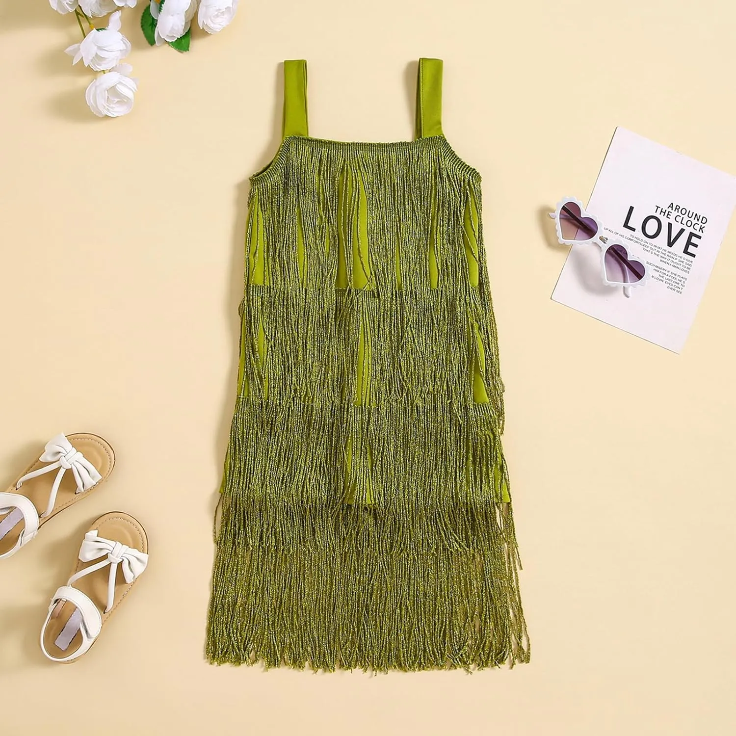 Toddler Kids Girls Sleeveless Sequin Fringe Dress Zip Back Little Girls Tasseled Sparkling Party Latin Dance Dress